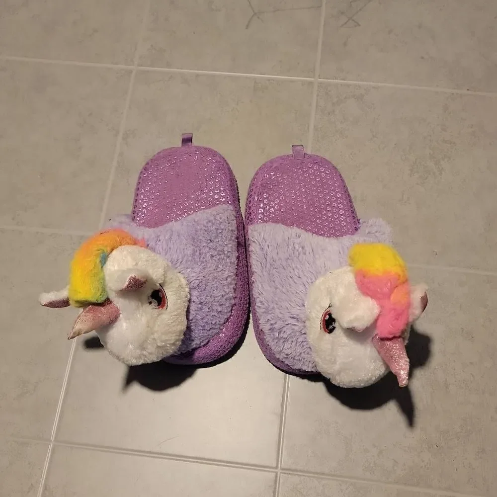 Wonder Nation Girl's Plush 3D Unicorn Purple Scuff Slip-on Slippers Size 13-1